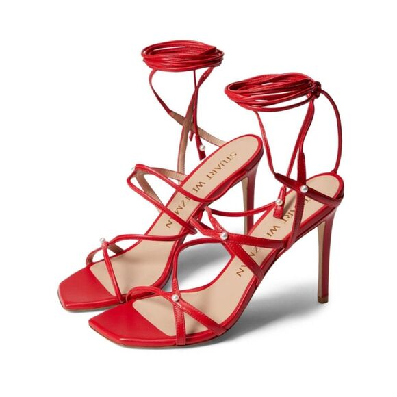 Stuart Weitzman Pearl Embellished Wrap Lace up Strappy Heeled Sandals Red 8 - Picture 1 of 11
